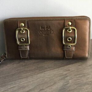 Coach Zoe Legacy Double Buckle Leather Zip Accordion Wallet Metallic Bronze Gold